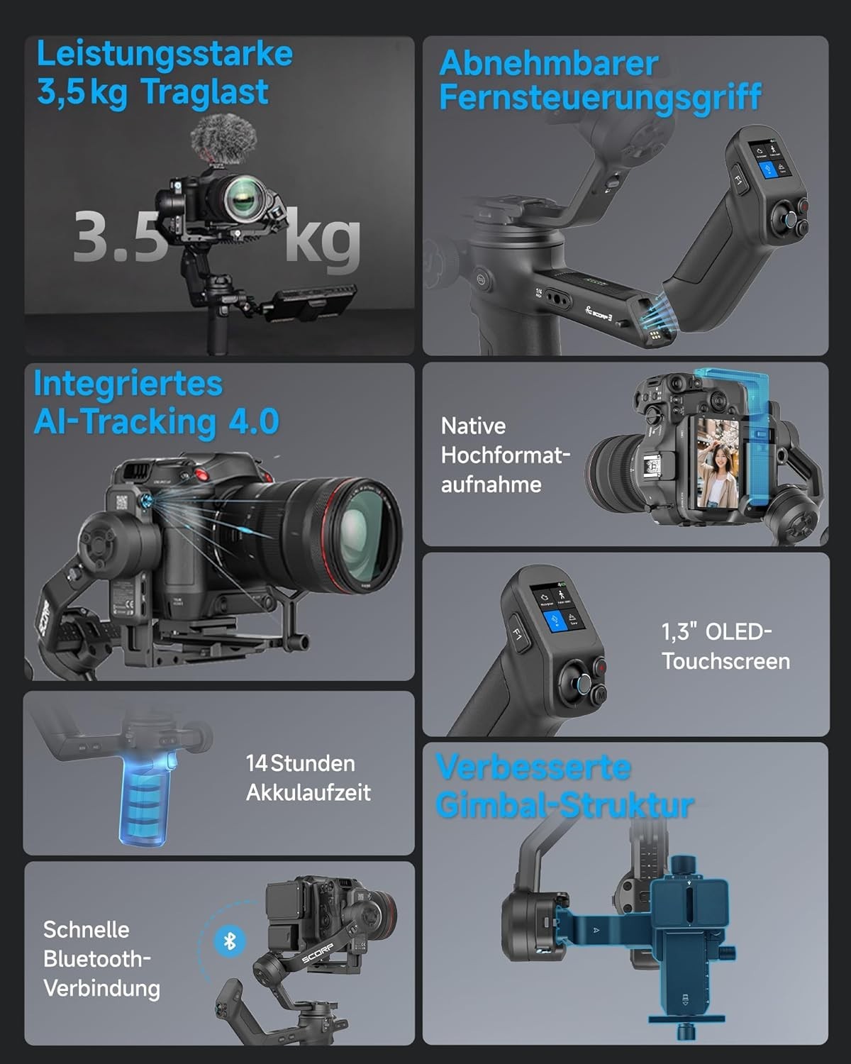 FeiyuTech SCORP 3 DSLR Gimbal Kamera Stabilisator mit AI-Tracking für Sony Canon